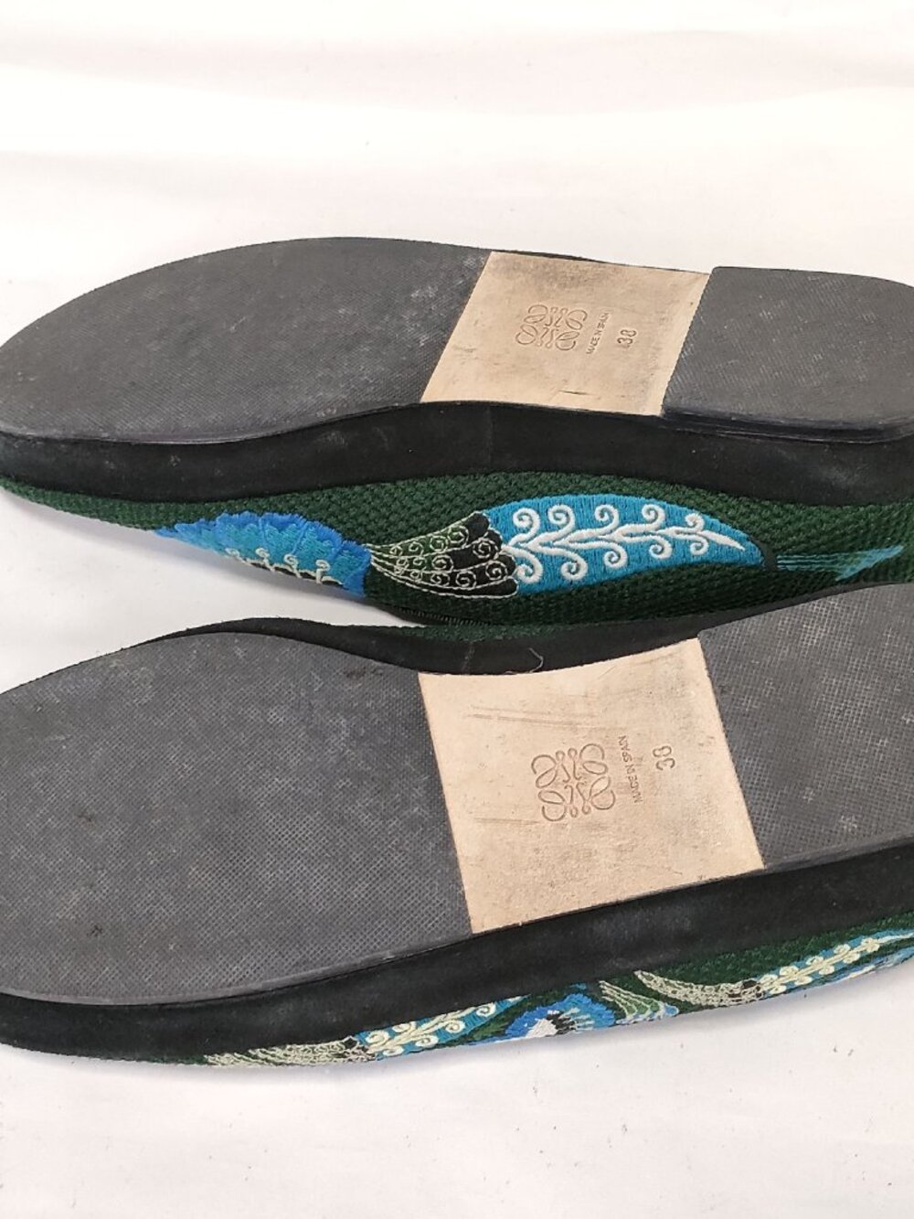 Loewe Embroidered Bone Crane Loafers Size 38 Green Velvet Luxury Flats - Picture 4 of 6